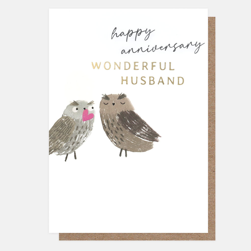 owls with a love heart wonderful husband anniversary card