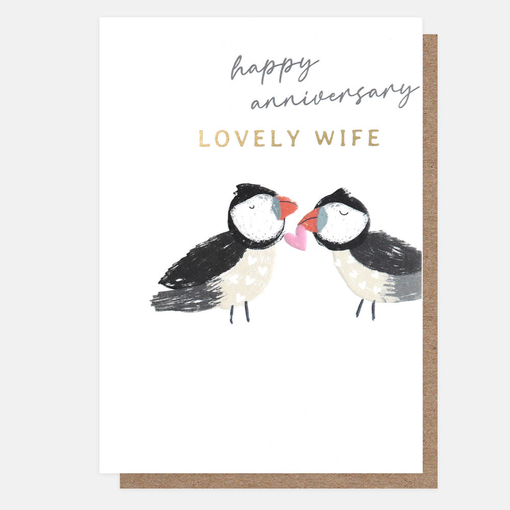 puffins with a pink love heart happy anniversary lovely wife card
