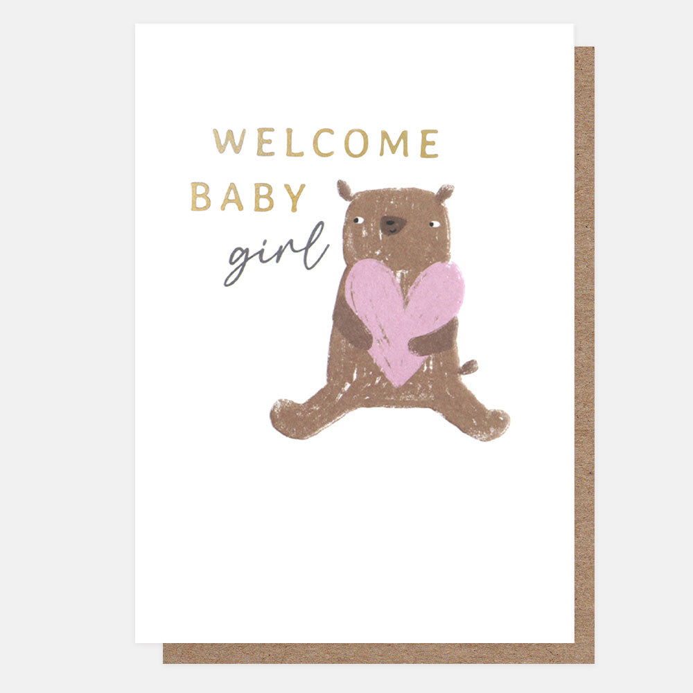 bear holding a pink heart welcome new baby girl card