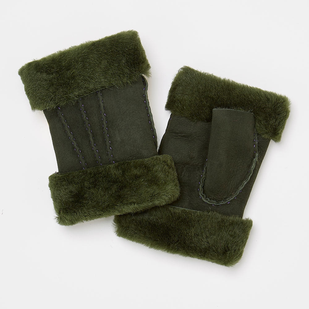dark green leather and shearling wrist warmer gloves
