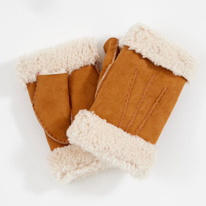 chestnut brown leather & shearling wrist warmer gloves