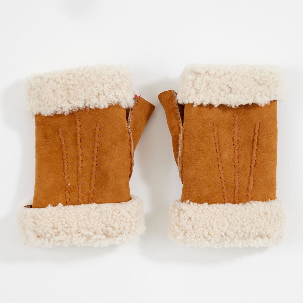 chestnut brown leather & shearling wrist warmer gloves