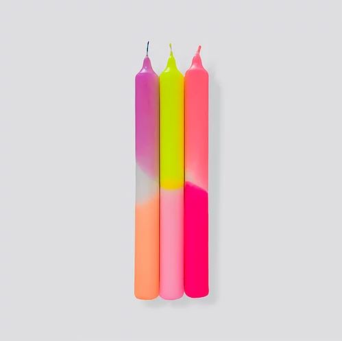pack of 3 multi-coloured neon dip dye candles in pinks and yellows