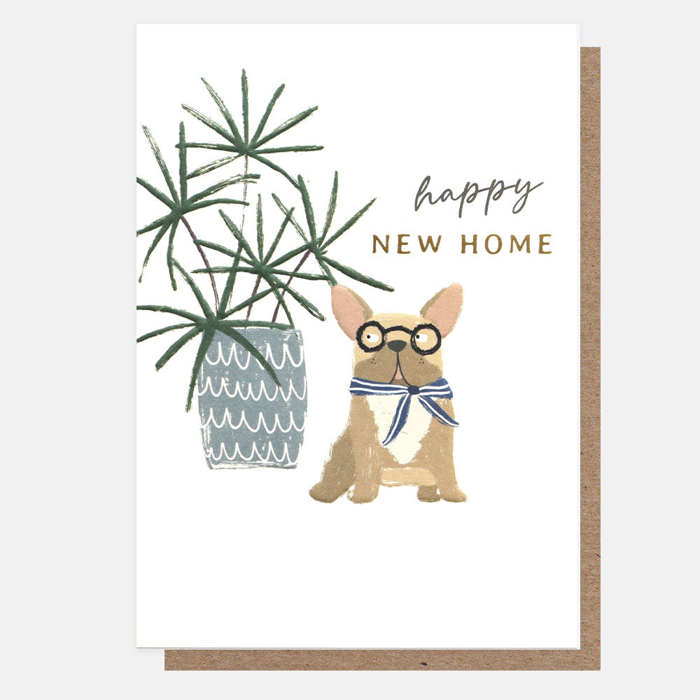 dog in glasses & house plant happy new home card