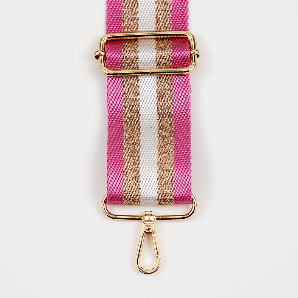fuchsia pink, white & gold stripe webbing handbag strap