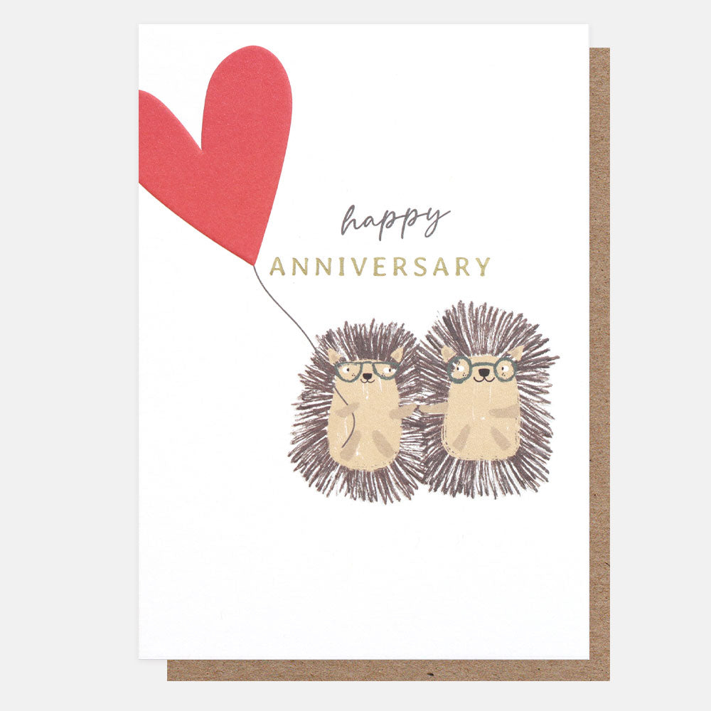 hedgehogs holding a red heart balloon happy anniversary card