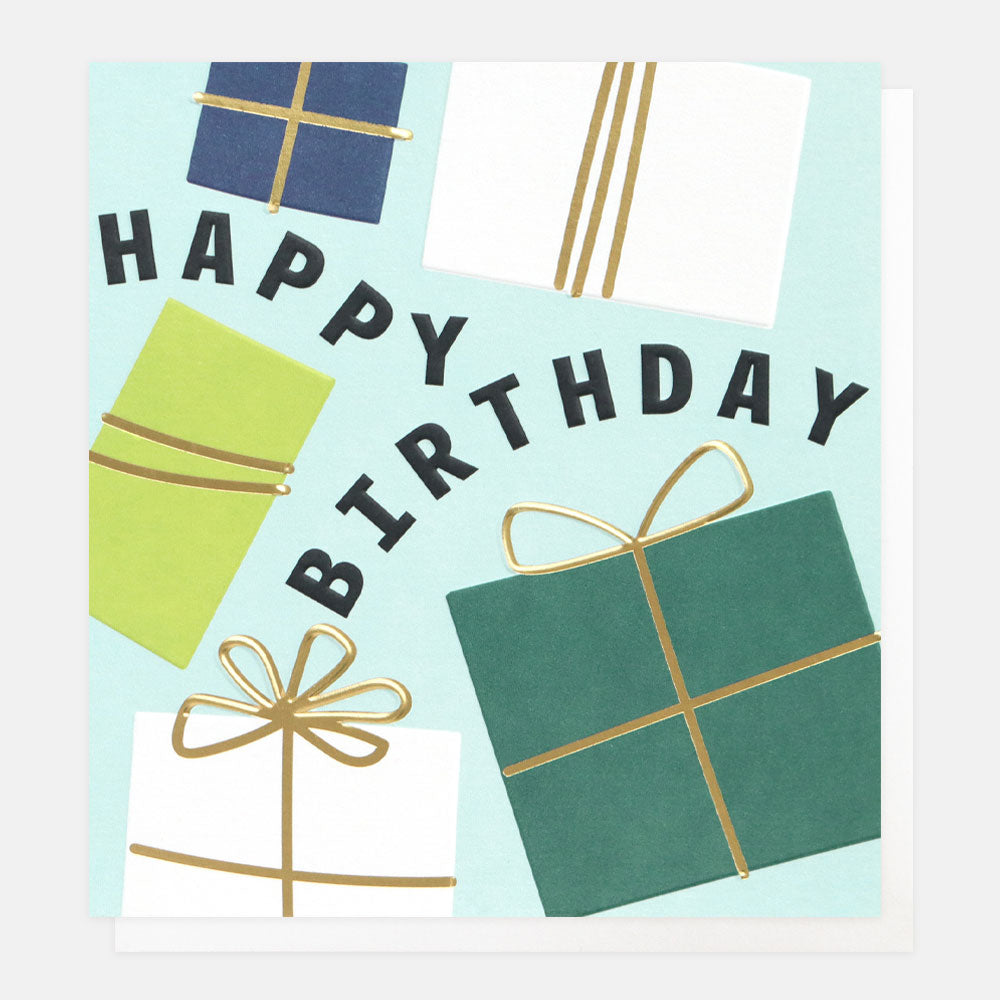 happy birthday slogan card with gift wrapped presents on a light blue background