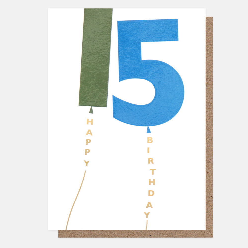 Khaki/Blue Balloon 15Th Birthday Card