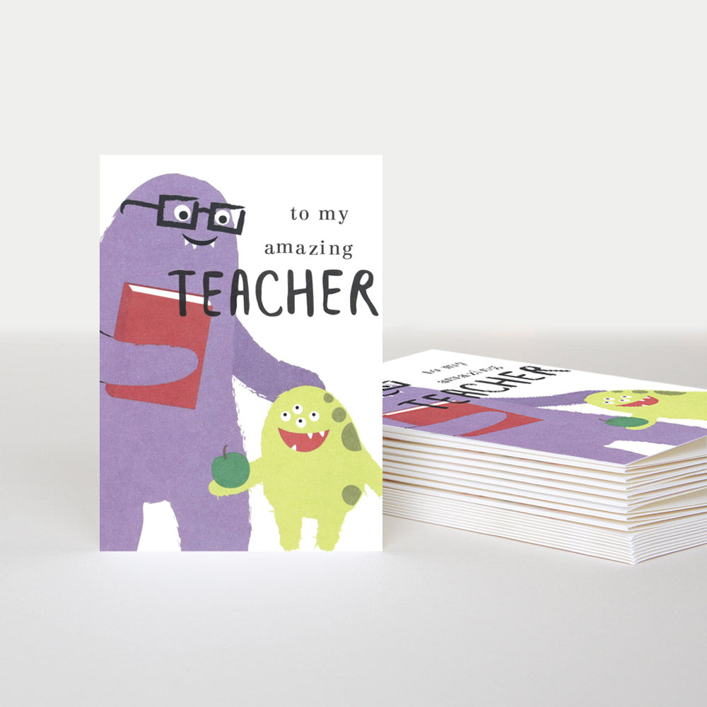 to my amazing teacher thank you card with a little monster holding an apple