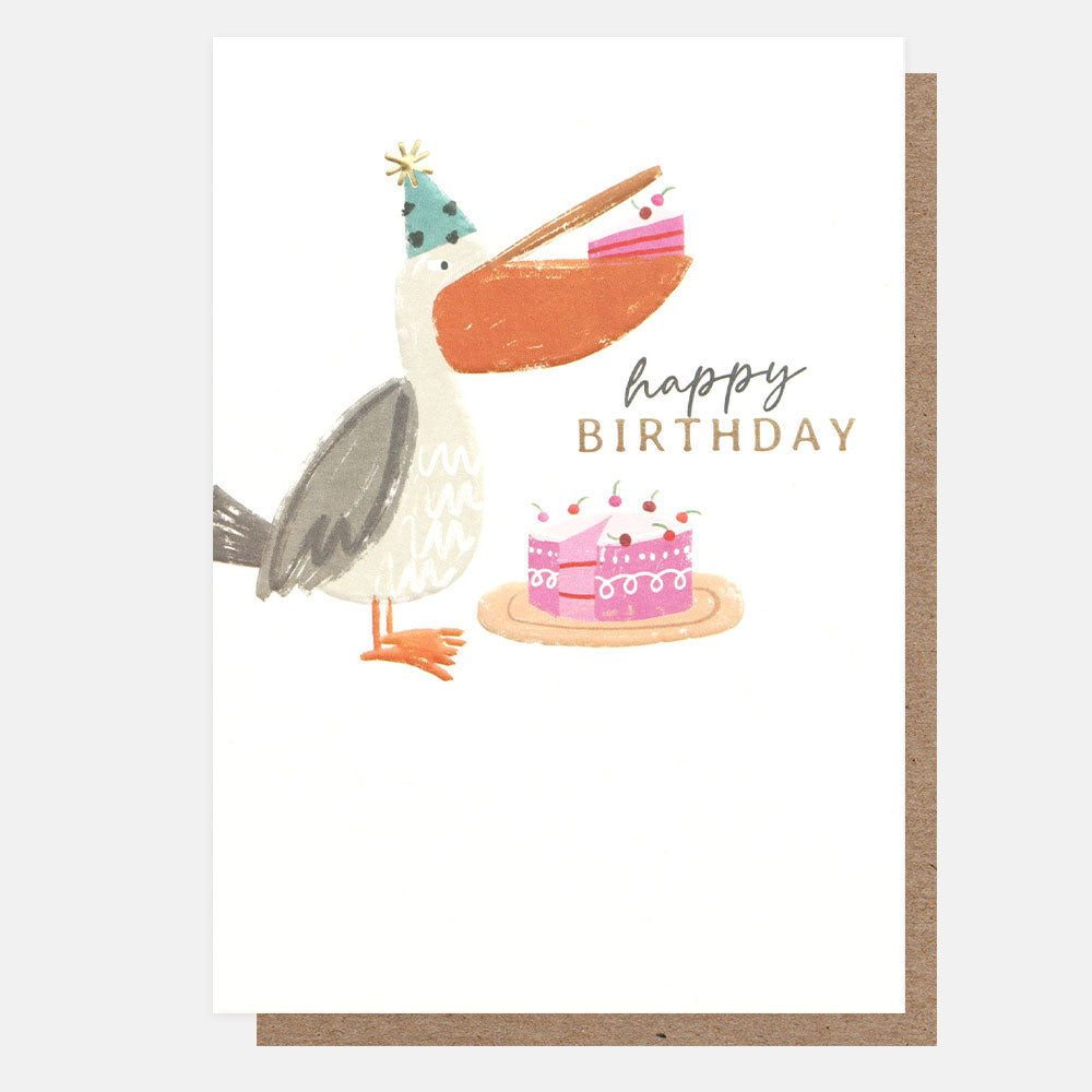 pelican eating cake happy birthday card