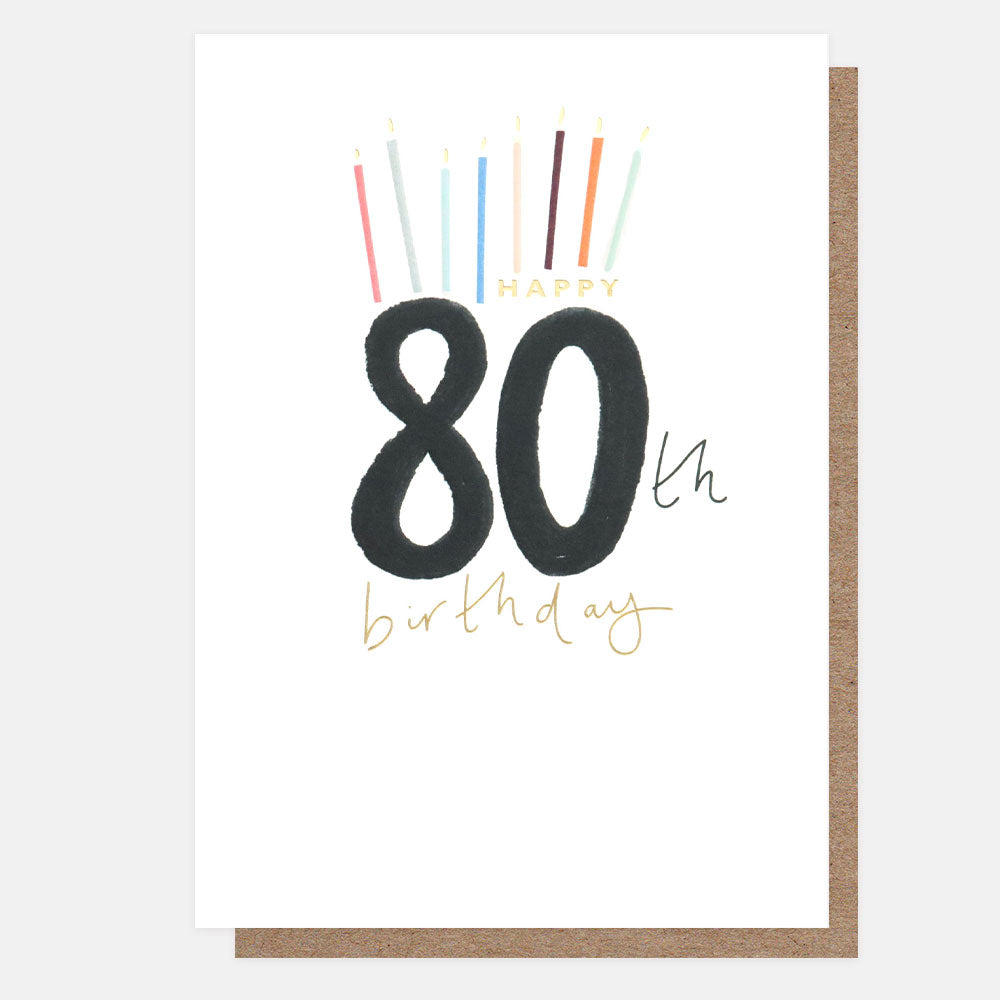 colourful candles on white background 'happy 80th birthday' card