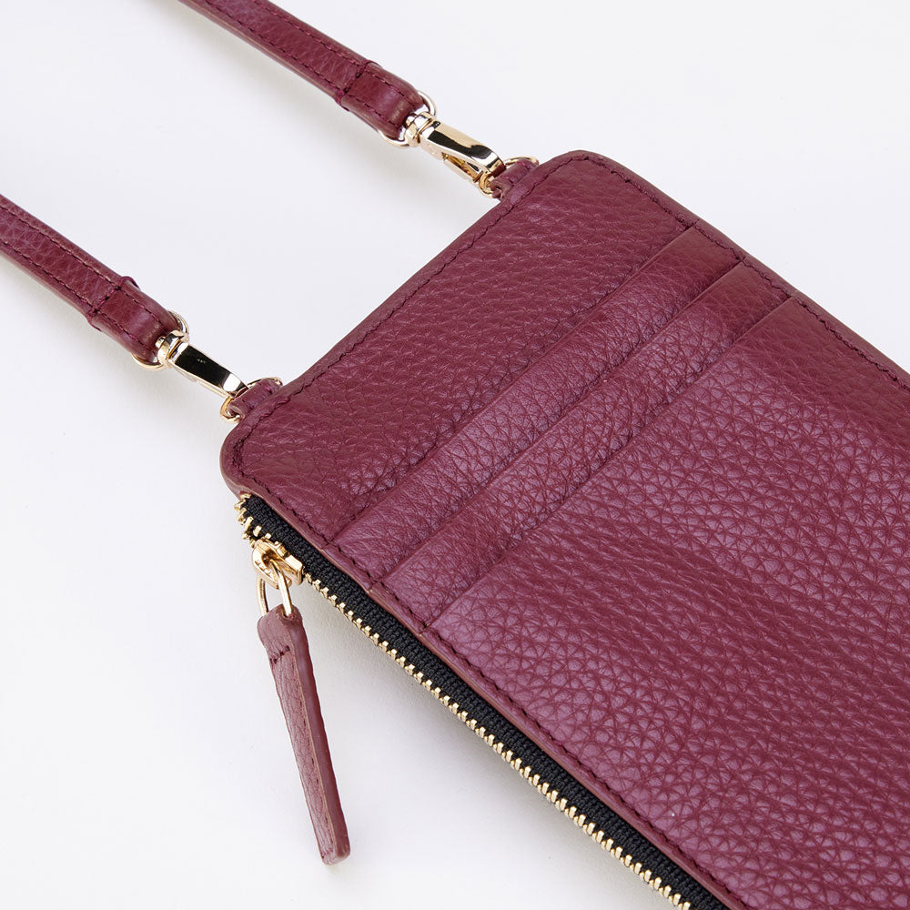 burgundy pebble leather phone bag