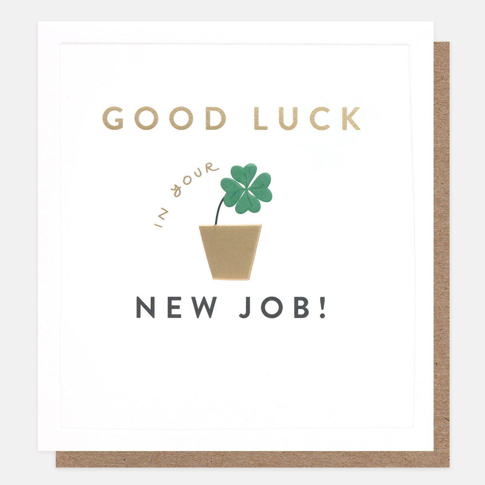 good luck in your new job card with four leaf clover in plant pot design