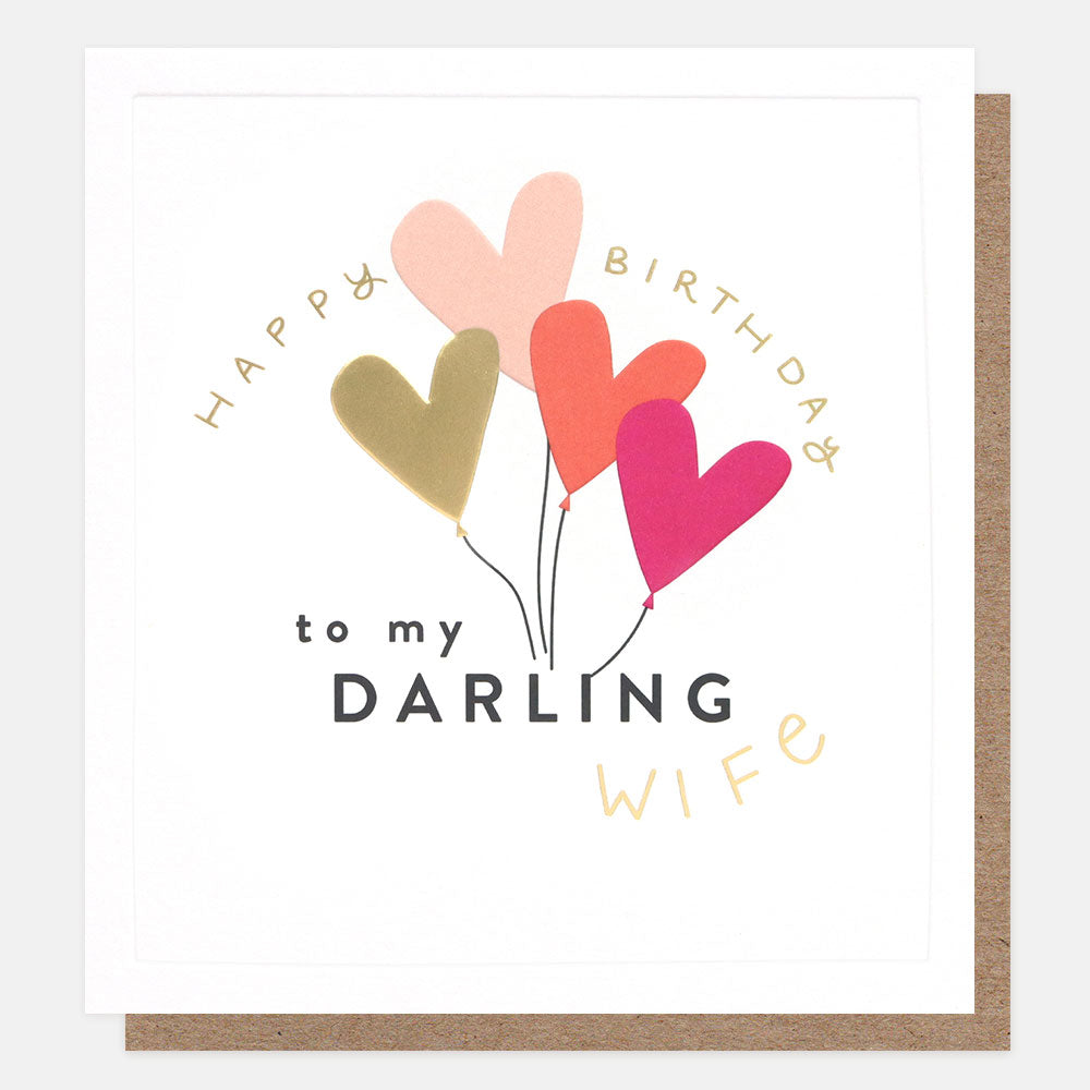 happy birthday to my darling wife card with pink and gold heart balloons design