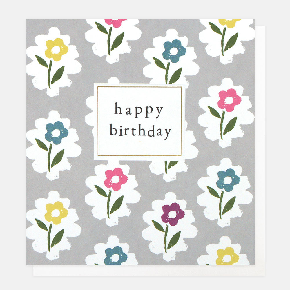 colourful flowers on grey background happy birthday card