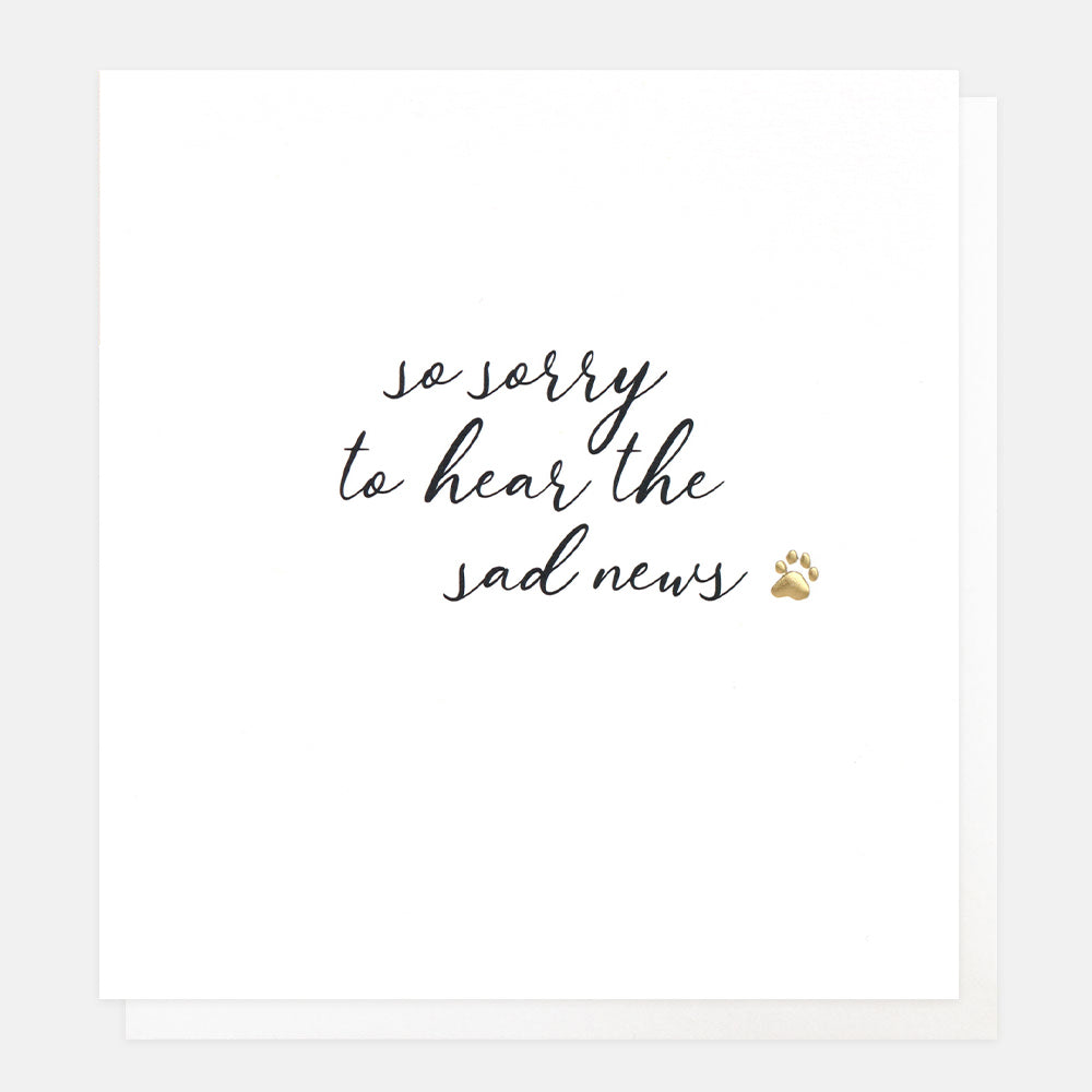 so sorry to hear the sad news card with black italic writing on white card