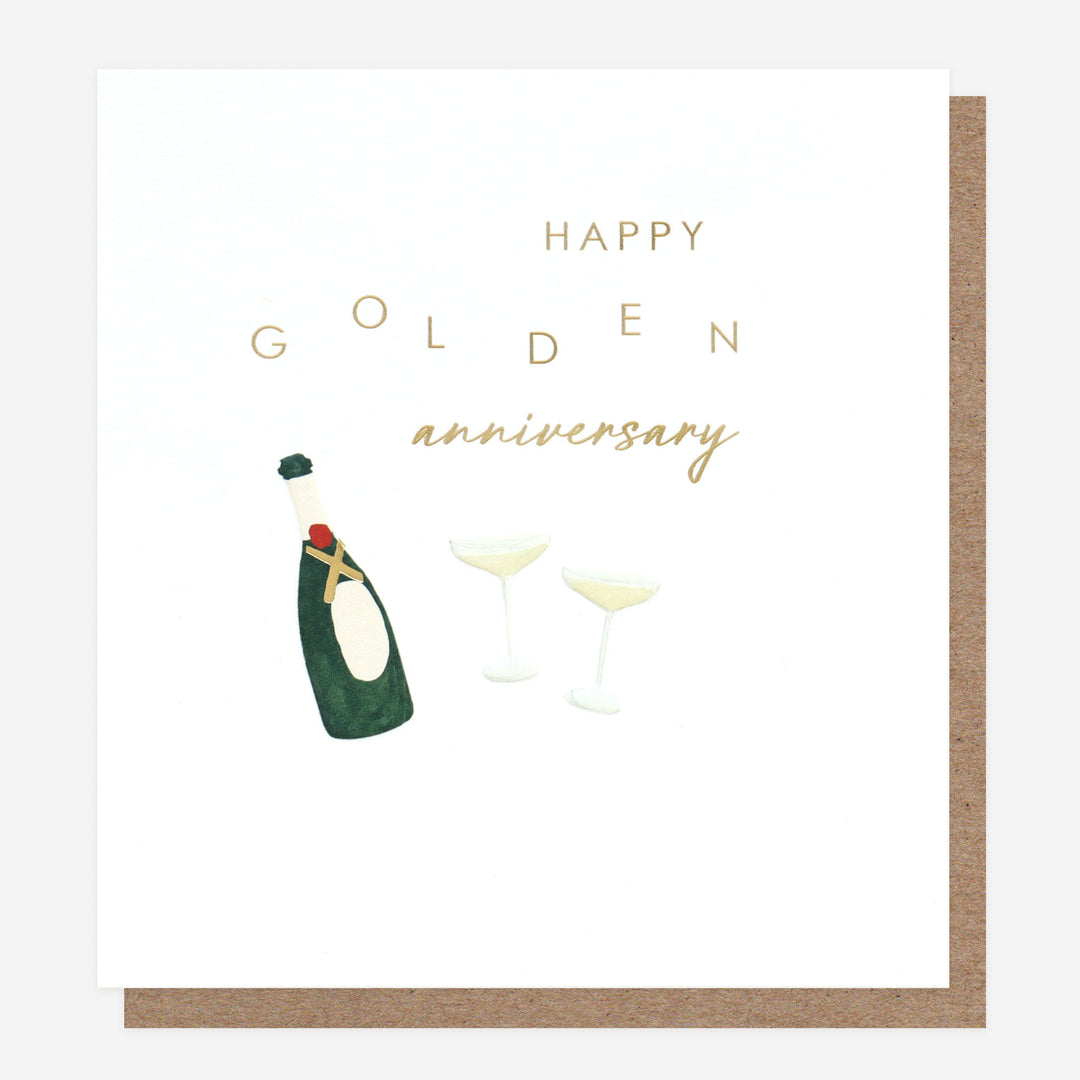 golden anniversary card with champagne bottle and flutes