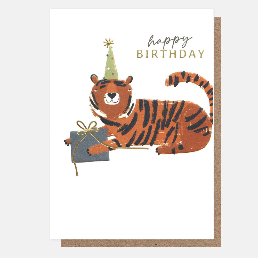 tiger in a party hat happy birthday card