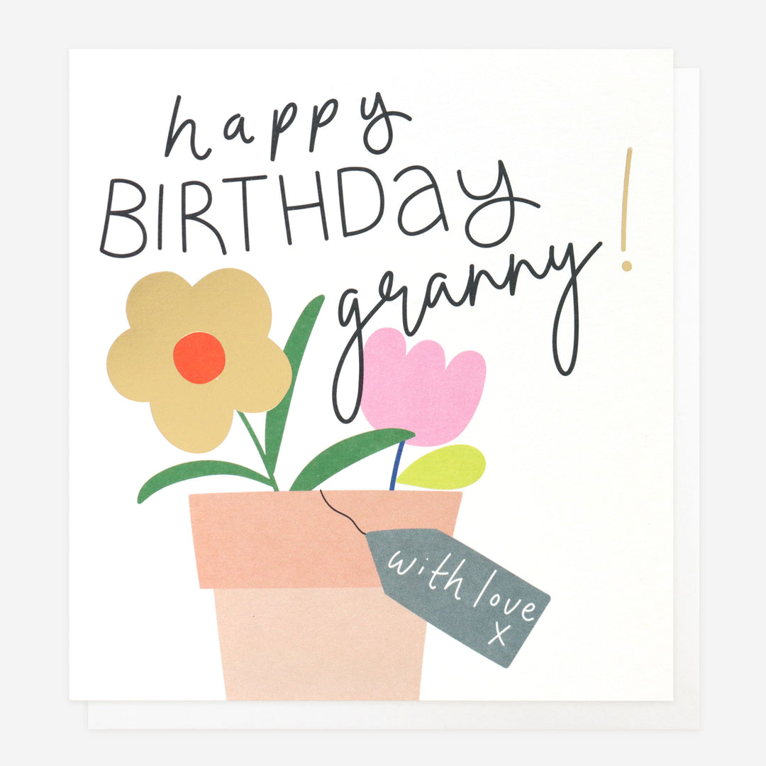 happy birthday granny card featuring colourful flowers in pot