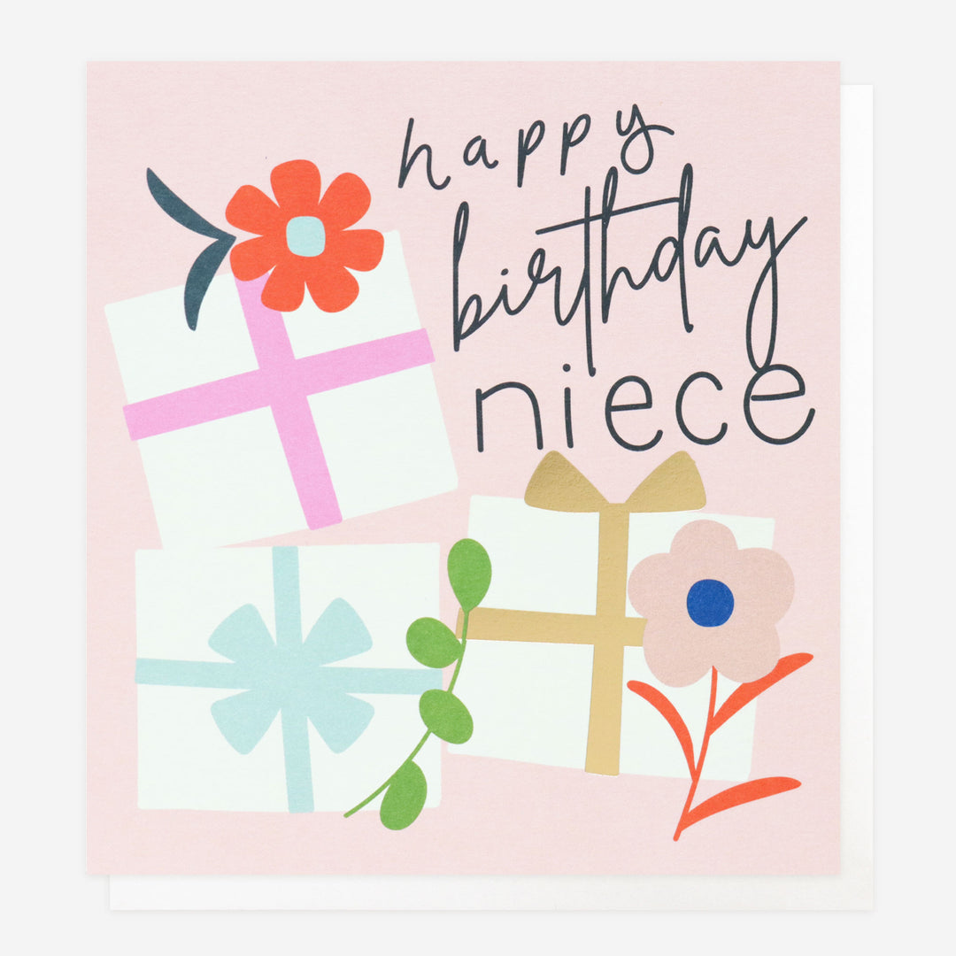 birthday card for niece with wrapped presents & flowers