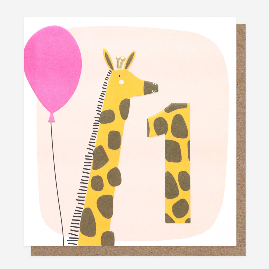 kids 1st birthday card with giraffe with a balloon