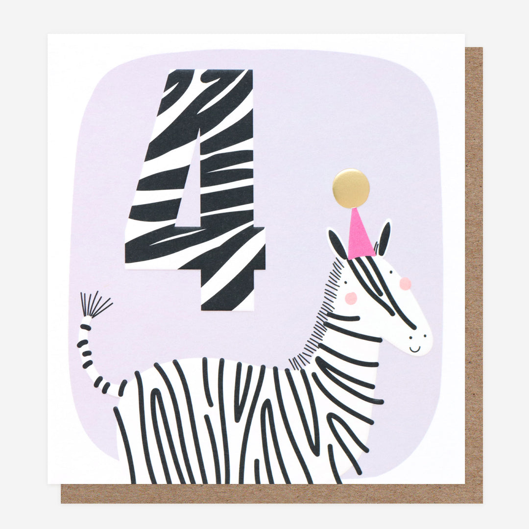 4th birthday card for kids with zebra in a party hat