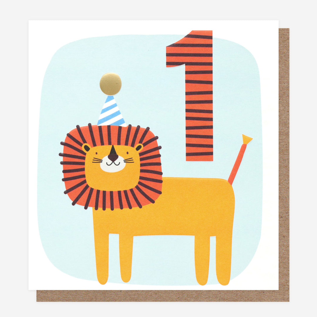 1st birthday card for kids with lion in a party hat