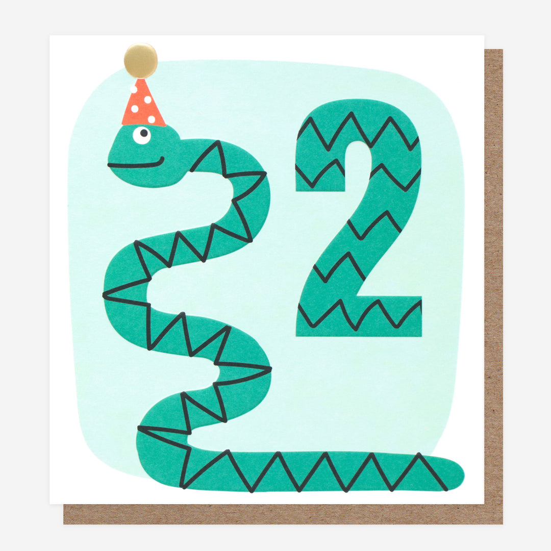 kids 2nd birthday card with snake in a party hat