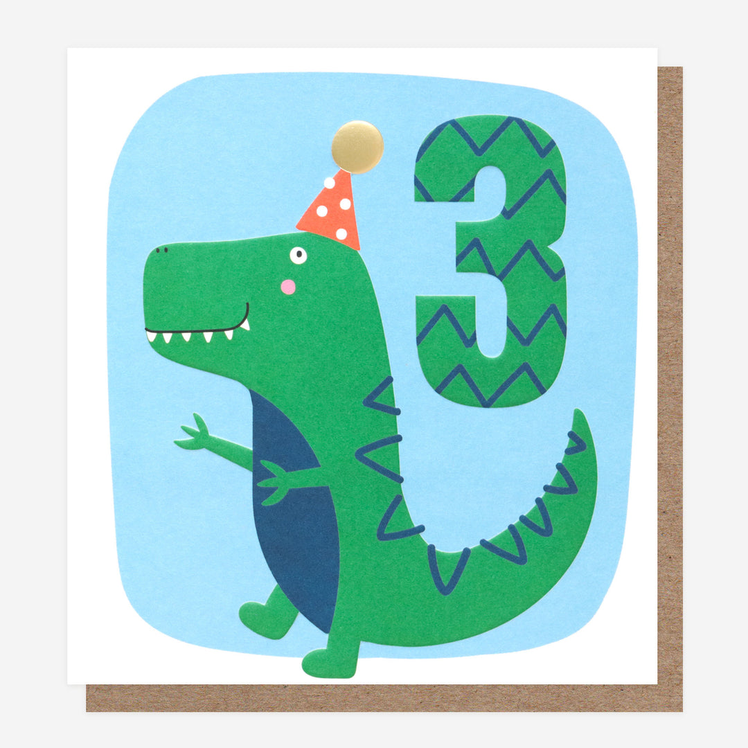 kids 3rd birthday card with dinosaur in a party hat