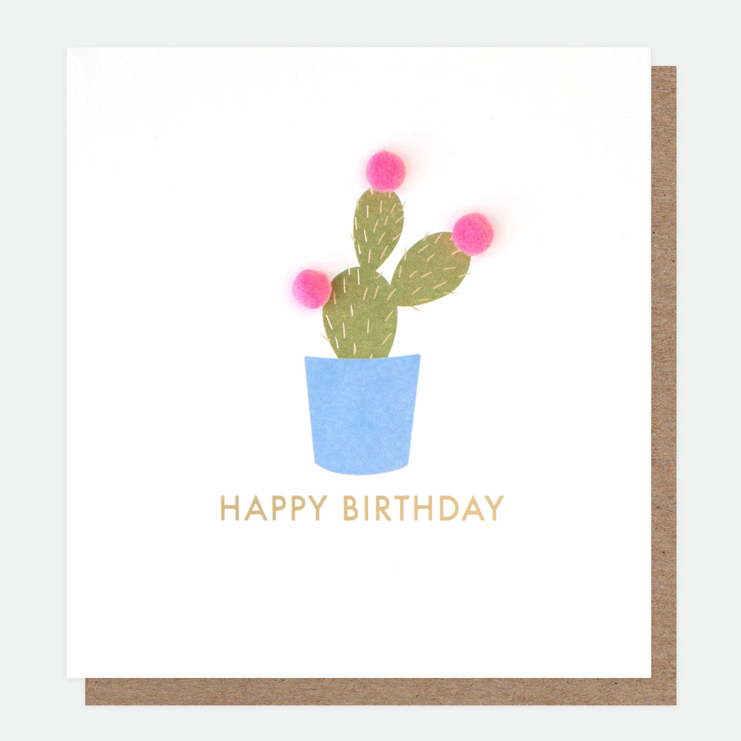 Cactus Happy Birthday Card, For Her, For Him, Mini Poms, Single Cards