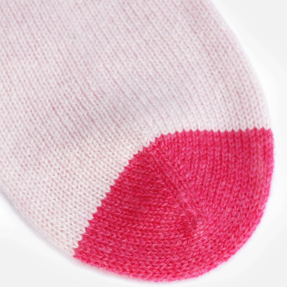 bright pink toe of pale pink, mustard and bright pink cashmere bed socks
