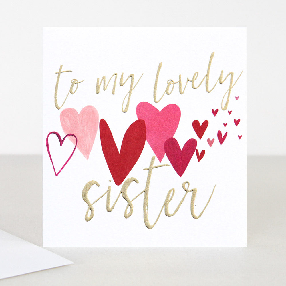 red pink love hearts 'to my lovely sister' birthday card