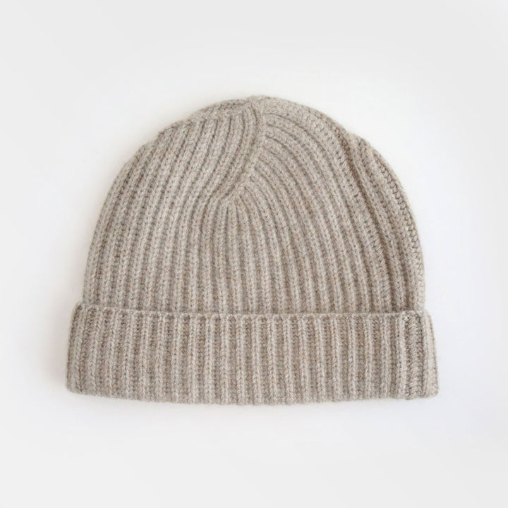 pure cashmere taupe rib knit beanie hat