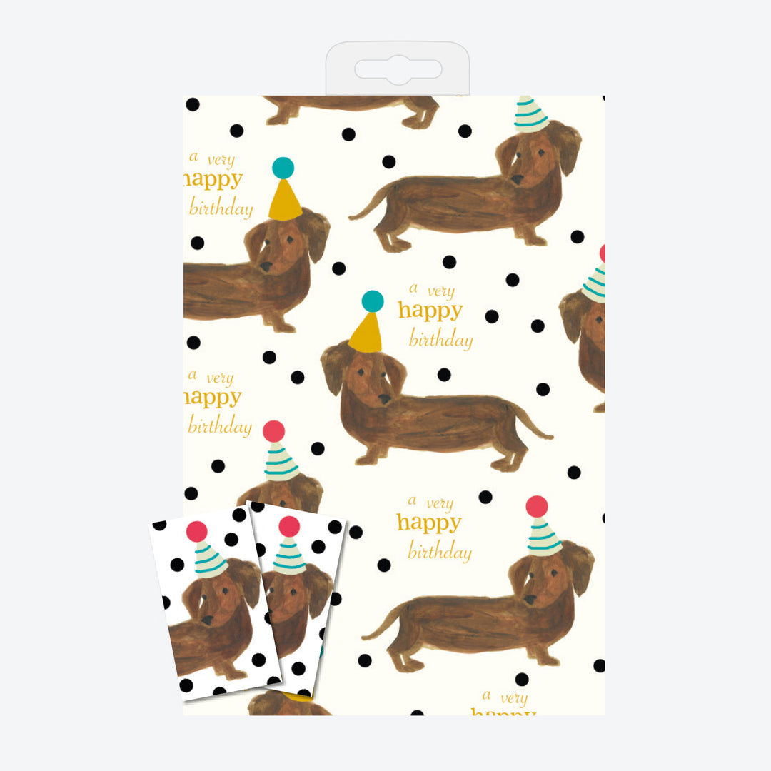 sausage dogs in party hats 'a very happy birthday' set of 2 sheets of wrapping paper and matching gift tags
