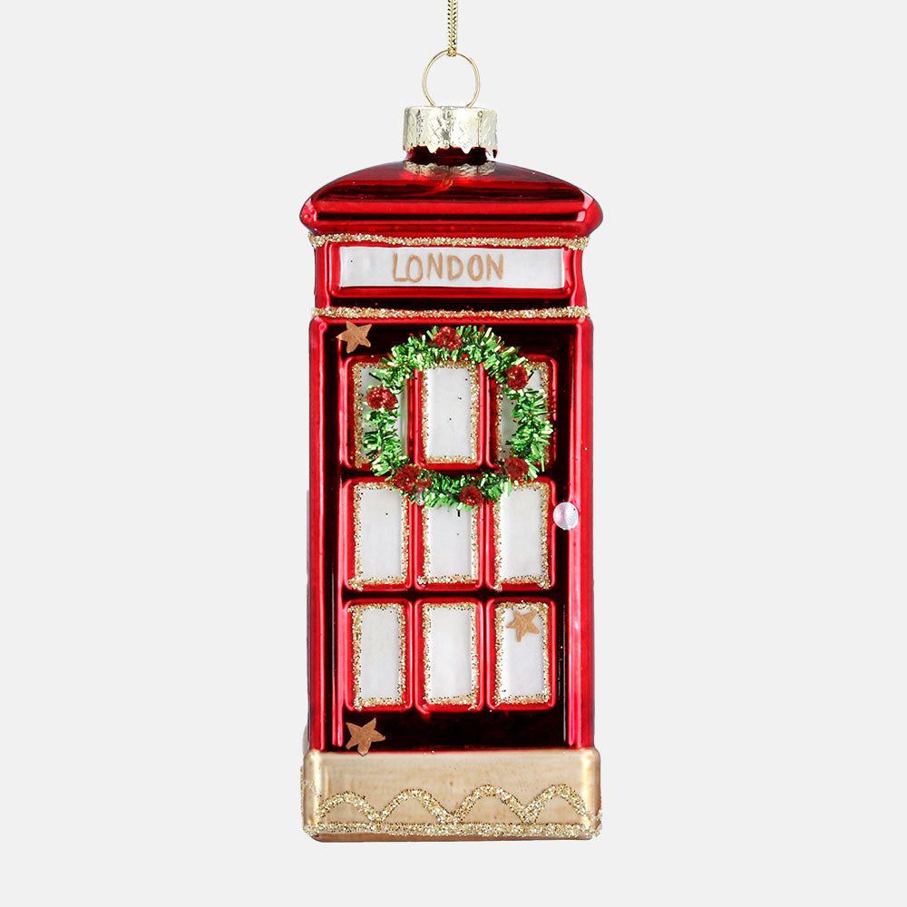 red phone box with christmas wreath glass bauble hanging tree decoration