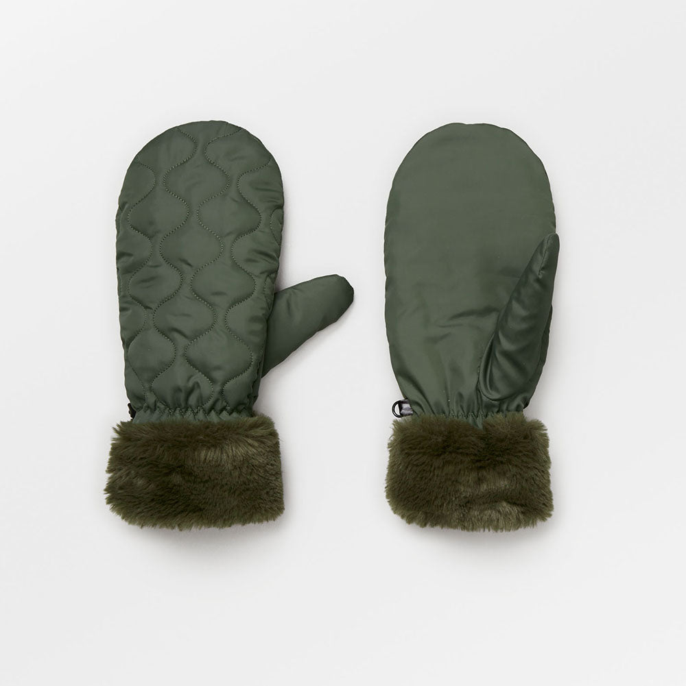 green quilted polyester mittens with faux fur lining