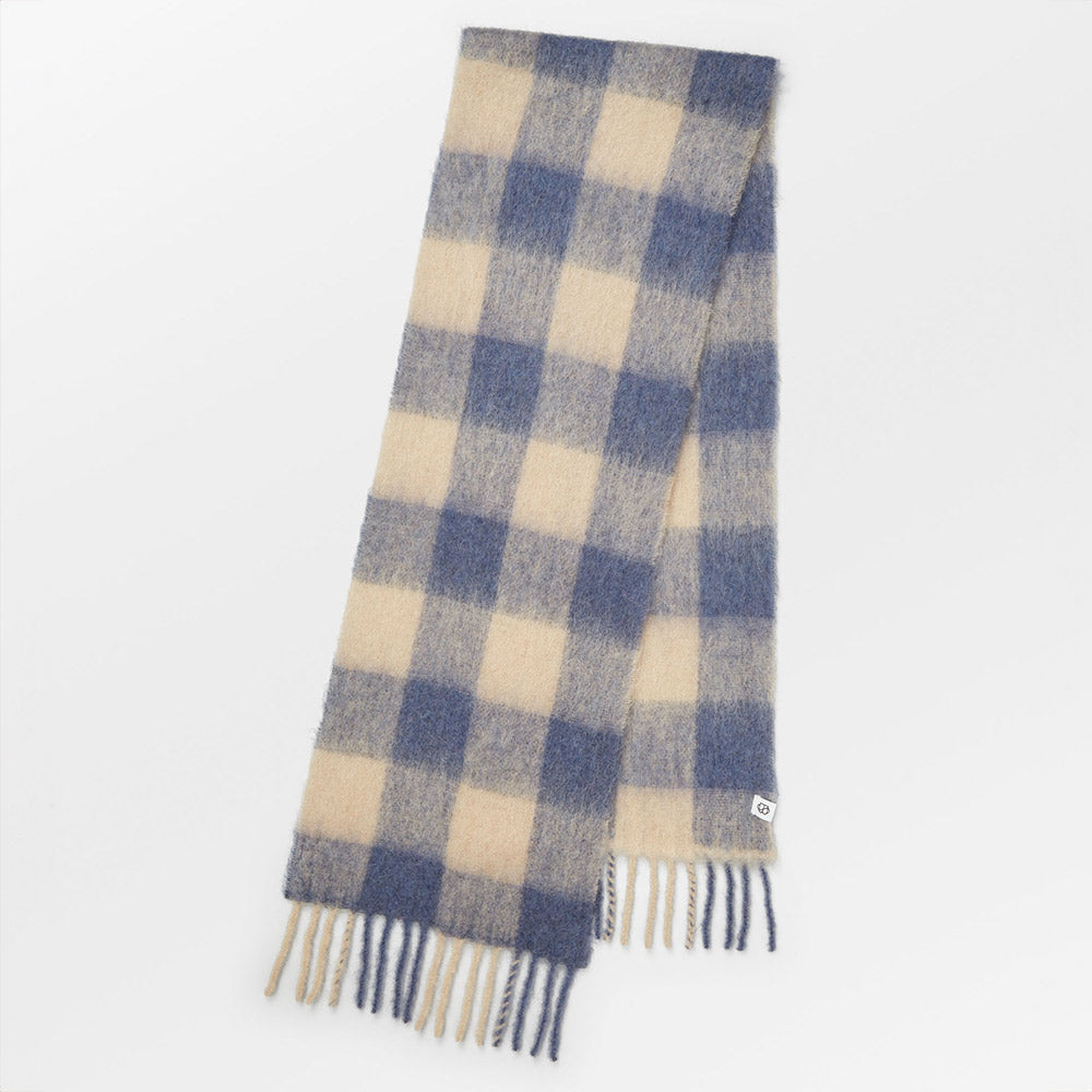 Blue Check Mincho Wool Mix Scarf