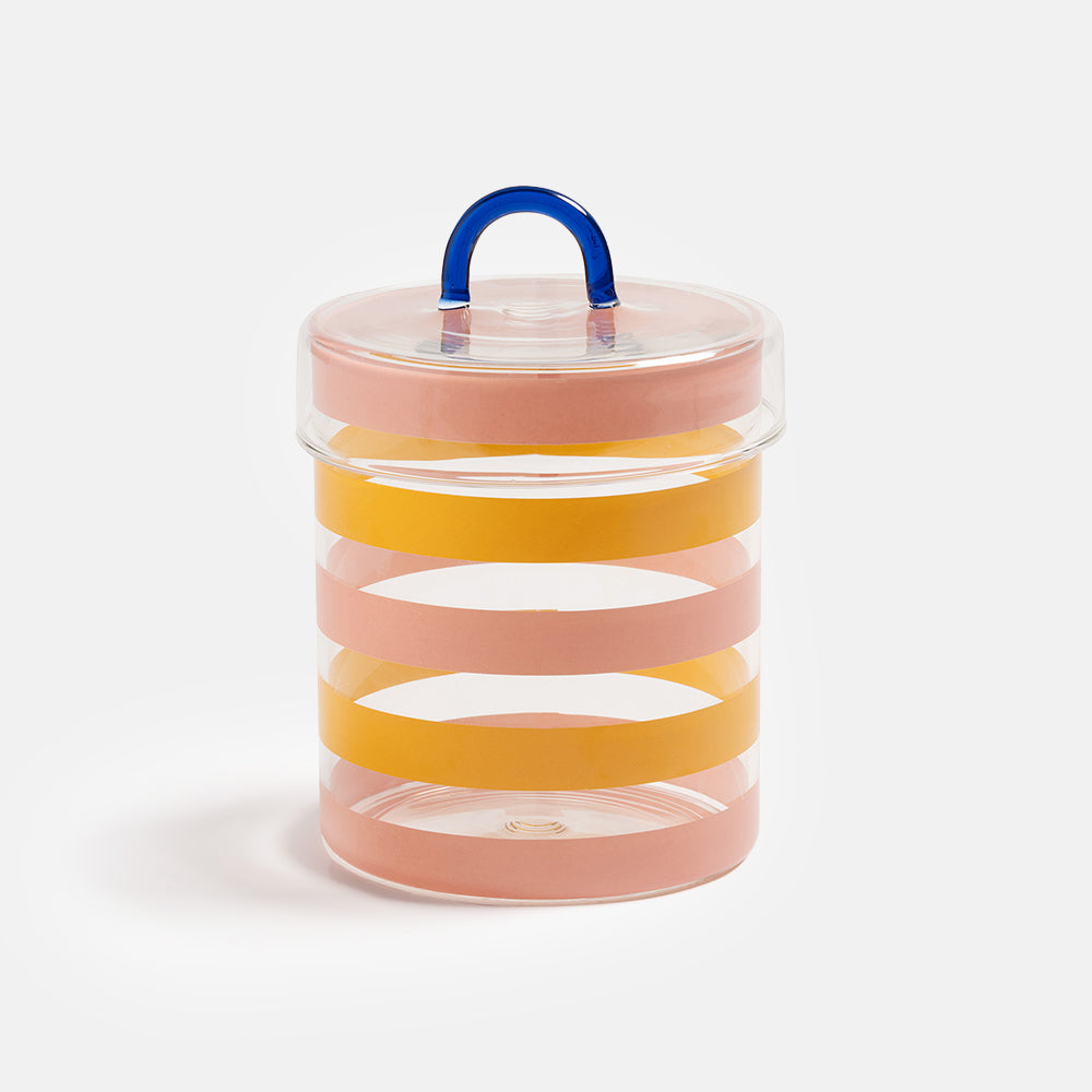 pink & mustard yellow striped glass storage jar, made by &K Amsterdam