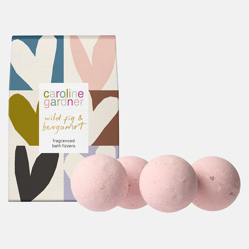 Caroline Gardner wild fig & bergamot bath fizzers with packaging on a white background