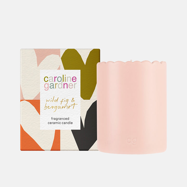 caroline gardner wild fig & bergamot scented candle in pink ceramic pot with presentation box with heart print design