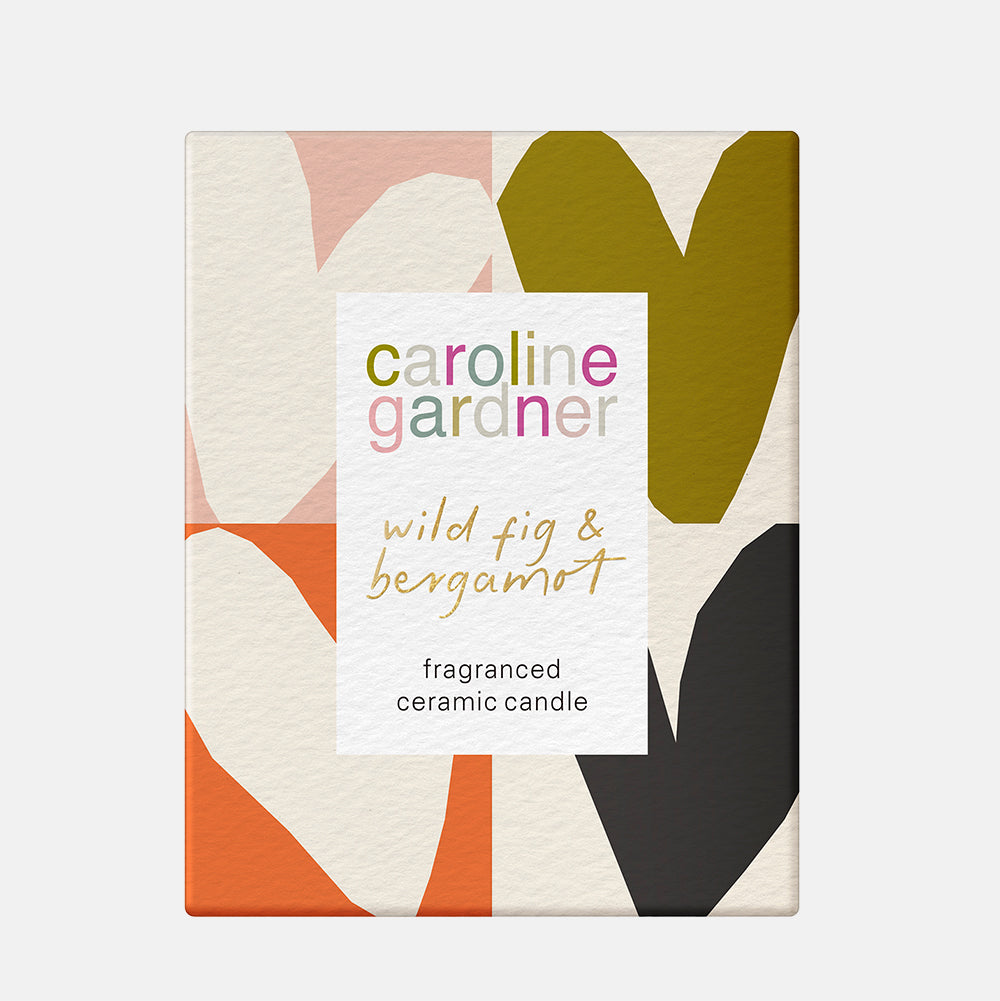 caroline gardner wild fig & bergamot scented candle in box with heart print design