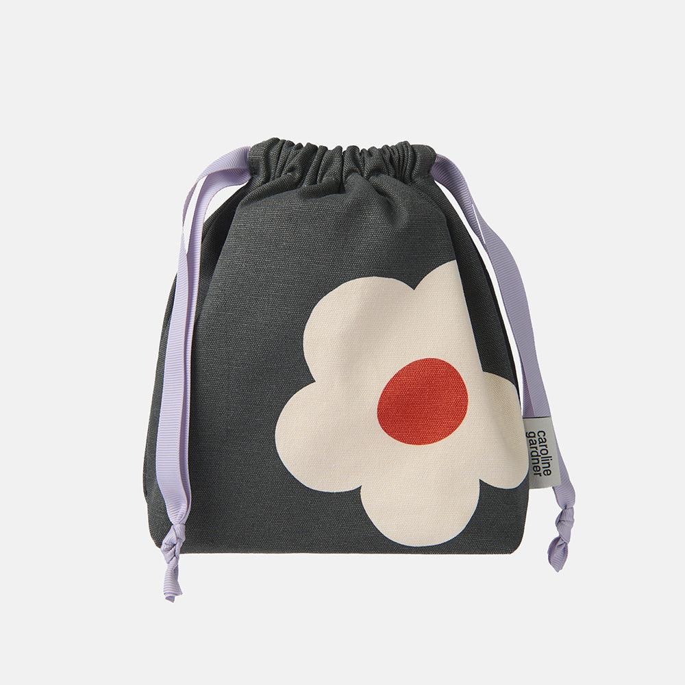 charcoal cotton drawstring bag with cream & red flower print design