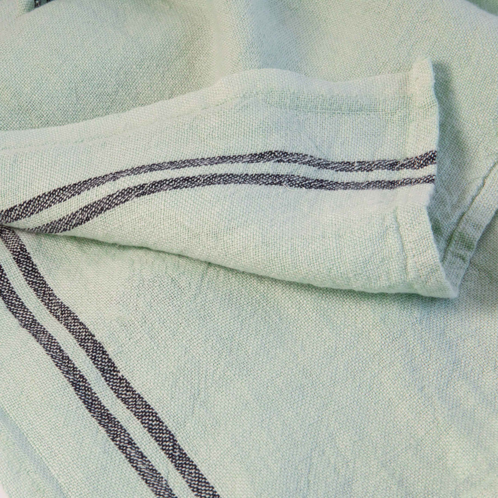 close up of a mint green towel with dark stripes
