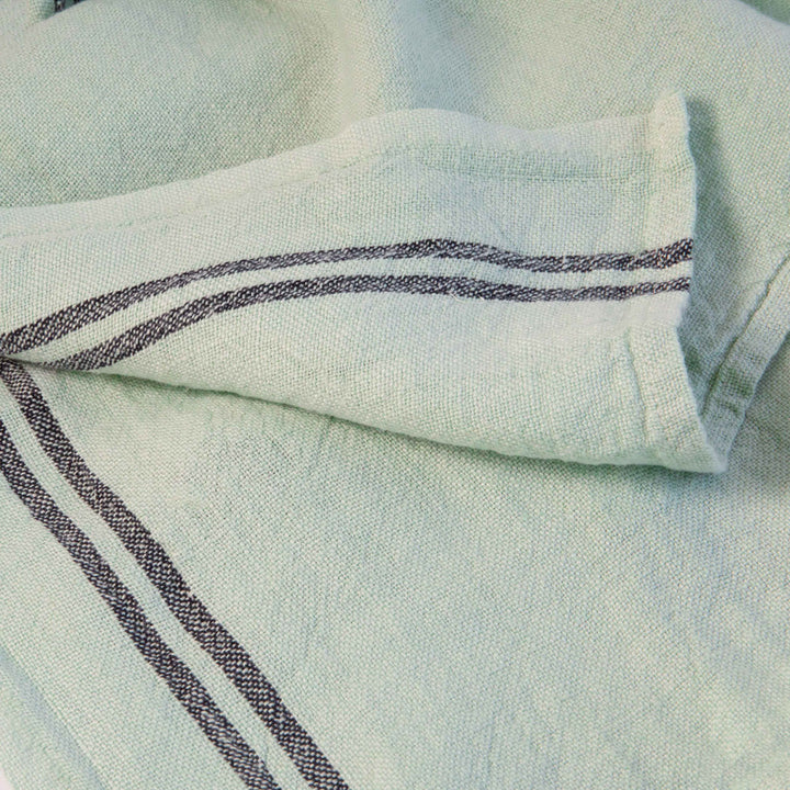 close up of a mint green towel with dark stripes