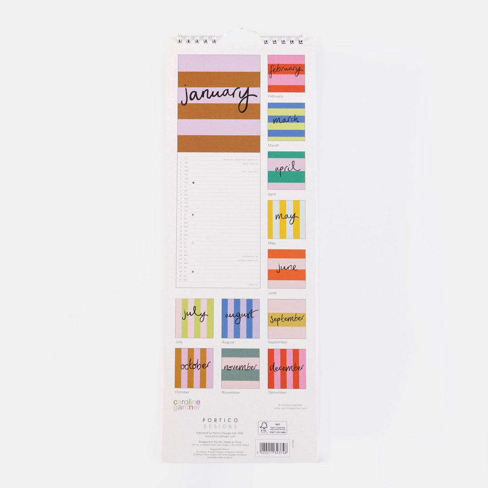 A caroline gardner 2027 spiral-bound planner page set on a clean white background. The pages feature colorful striped headers for each month, handwritten-style labels, and lined note sections.