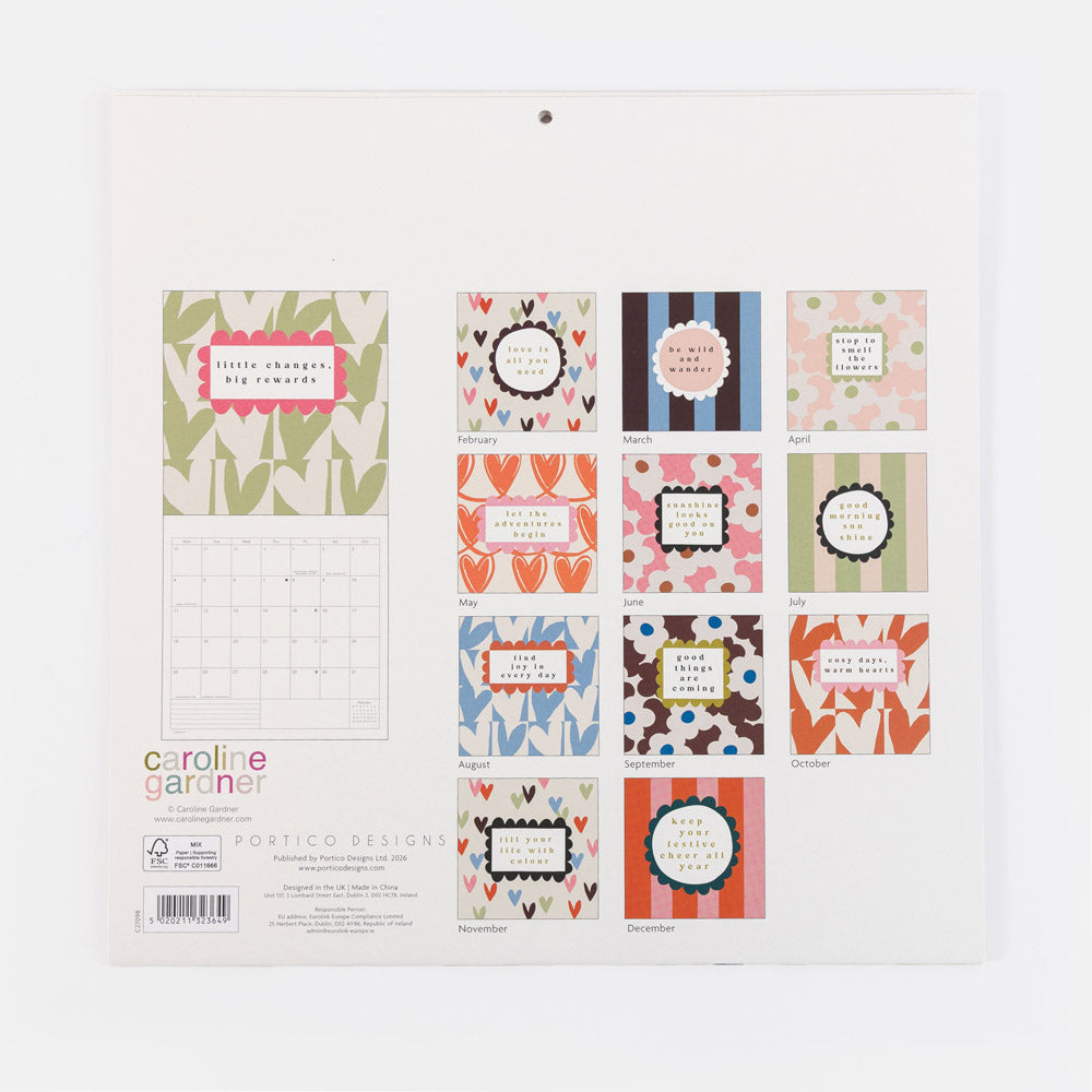 Back cover of a Portico Designs Carolina Gardener 12-month wall calendar, showing multiple colorful monthly layouts and a white grid template on a white background.