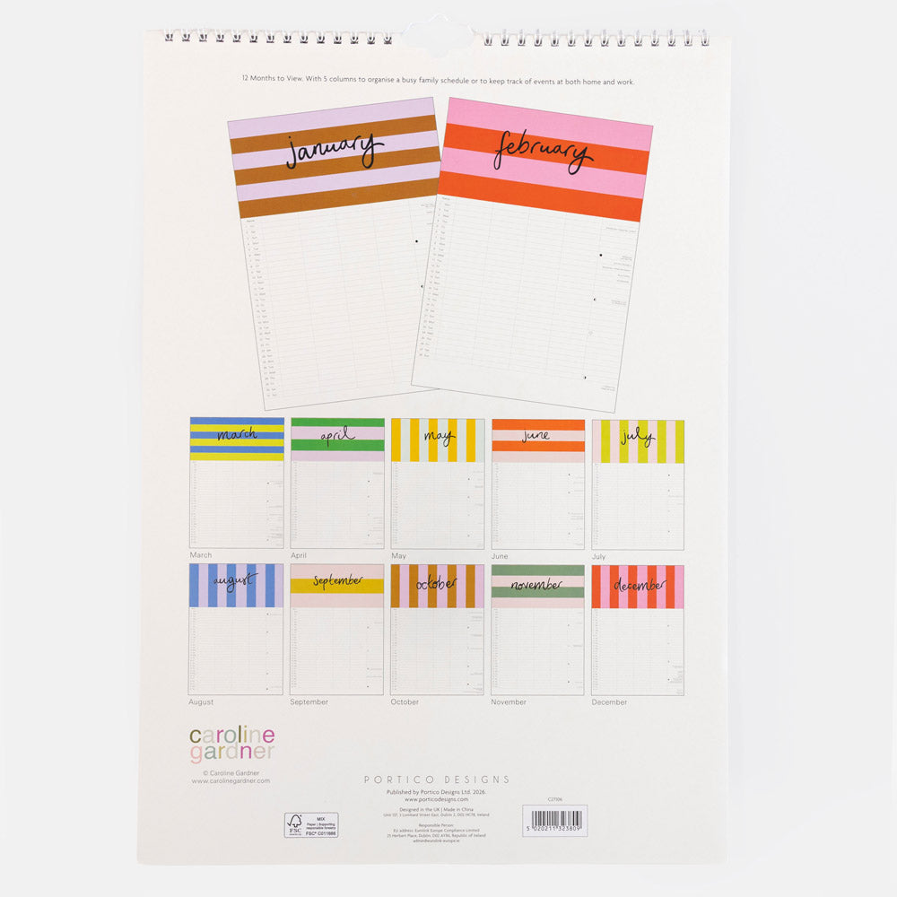 caroline gardner family wall calendar showing 12 months, each with a different colourful stripe design