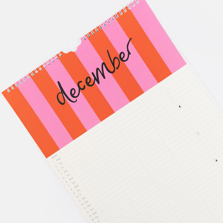 december month of calendar with pink & red stripe design