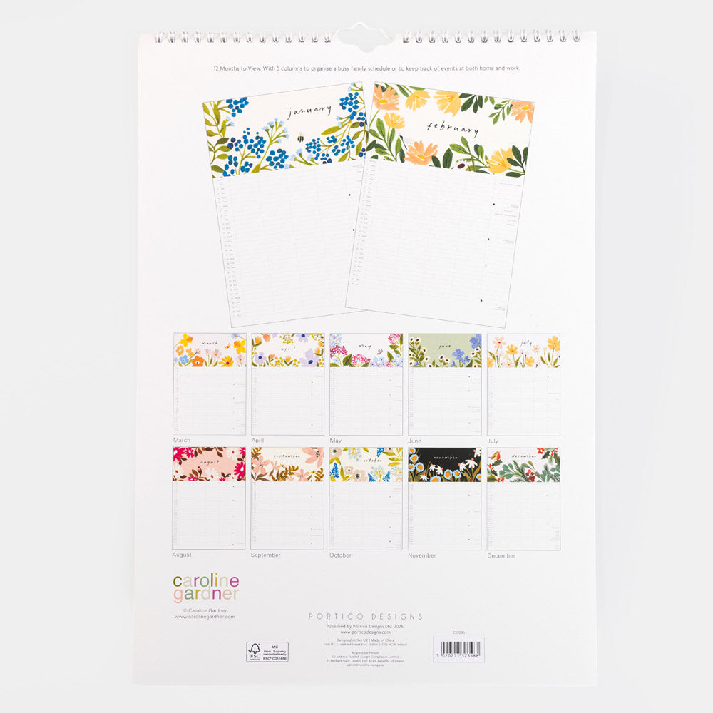 A spiral-bound floral calendar page from Portico Designs Caroline Garner, showing the front cover with a large floral header and multiple smaller monthly inserts below, photographed on a light gray background.