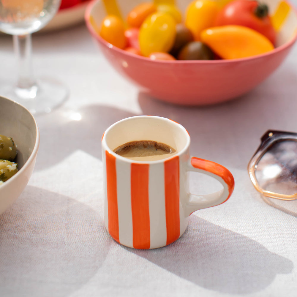 tangerine candy striped ceramic espresso mug, hand made in Portugal by Musango
